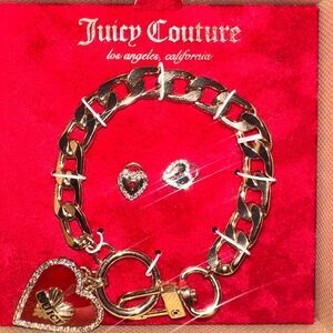Juicy Couture Red Heart Chain Link Bracelet & Earrings Set Gold NEW